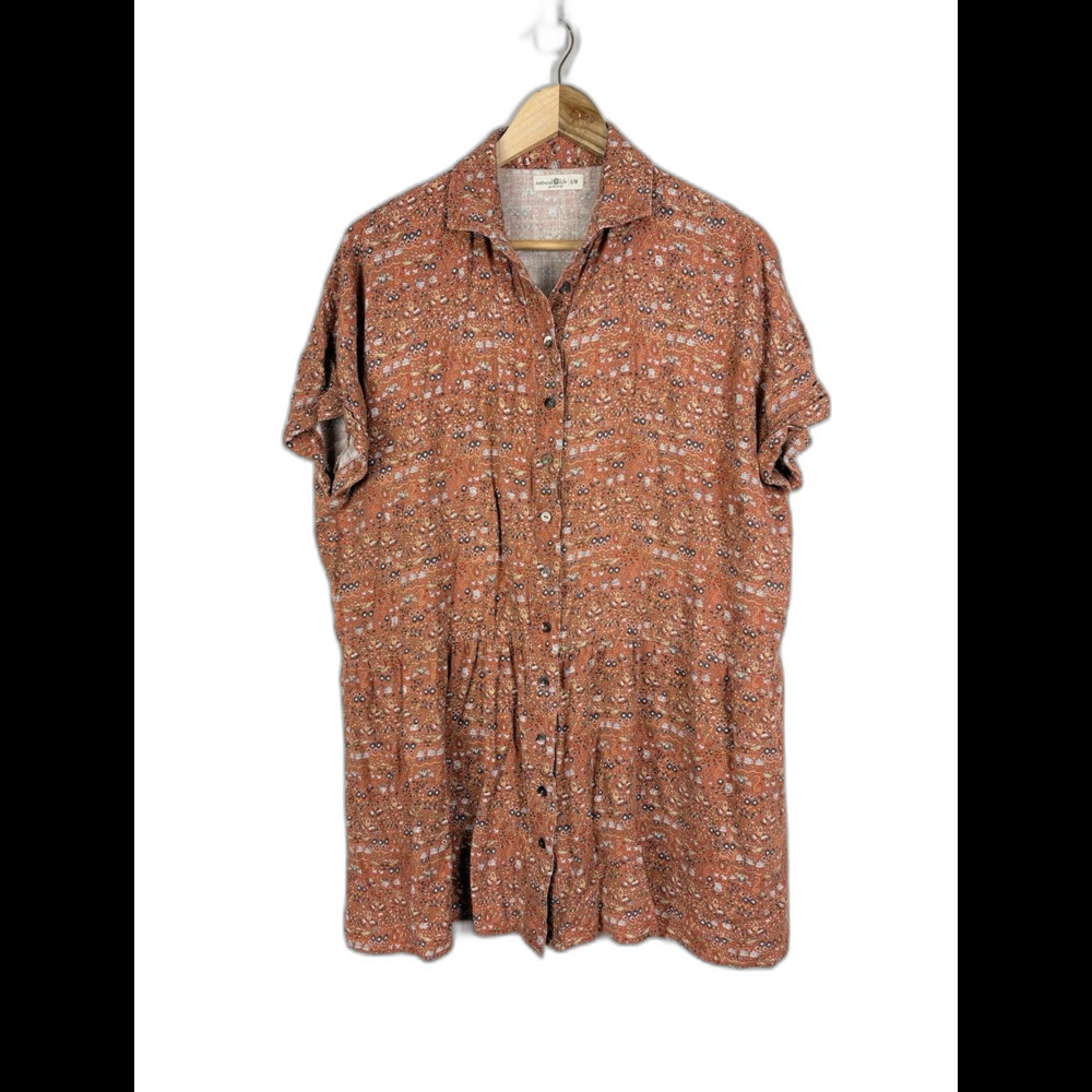 Natural Life Boho Floral Button Down Tunic Top Ruffle Women Small Medium Hippie
